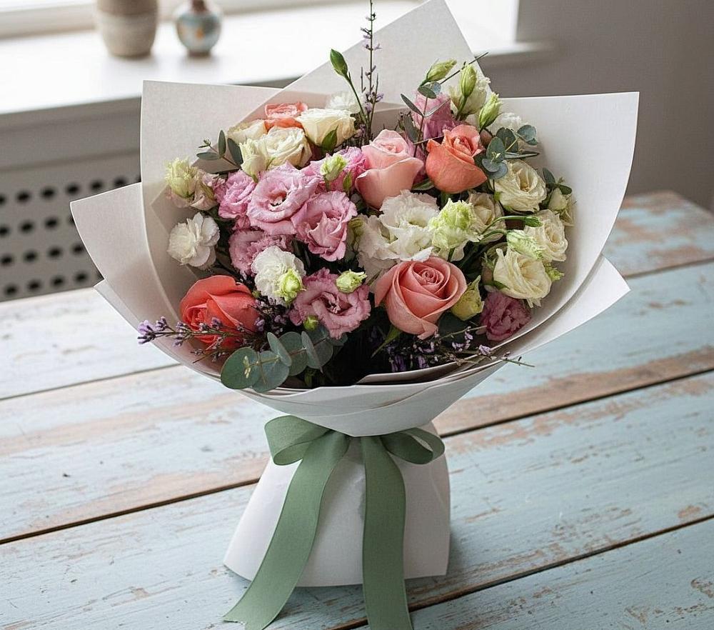 Букет цветов из: Розы, Лизиантусы и Гвоздики в Фатеево