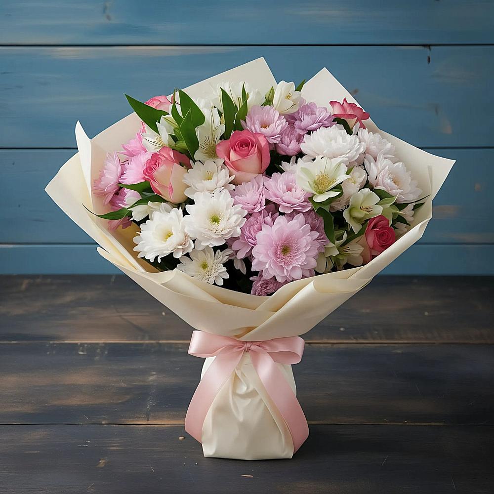 Букет цветов из: Хризантемы, Альстромерии и Розы в Фатеево